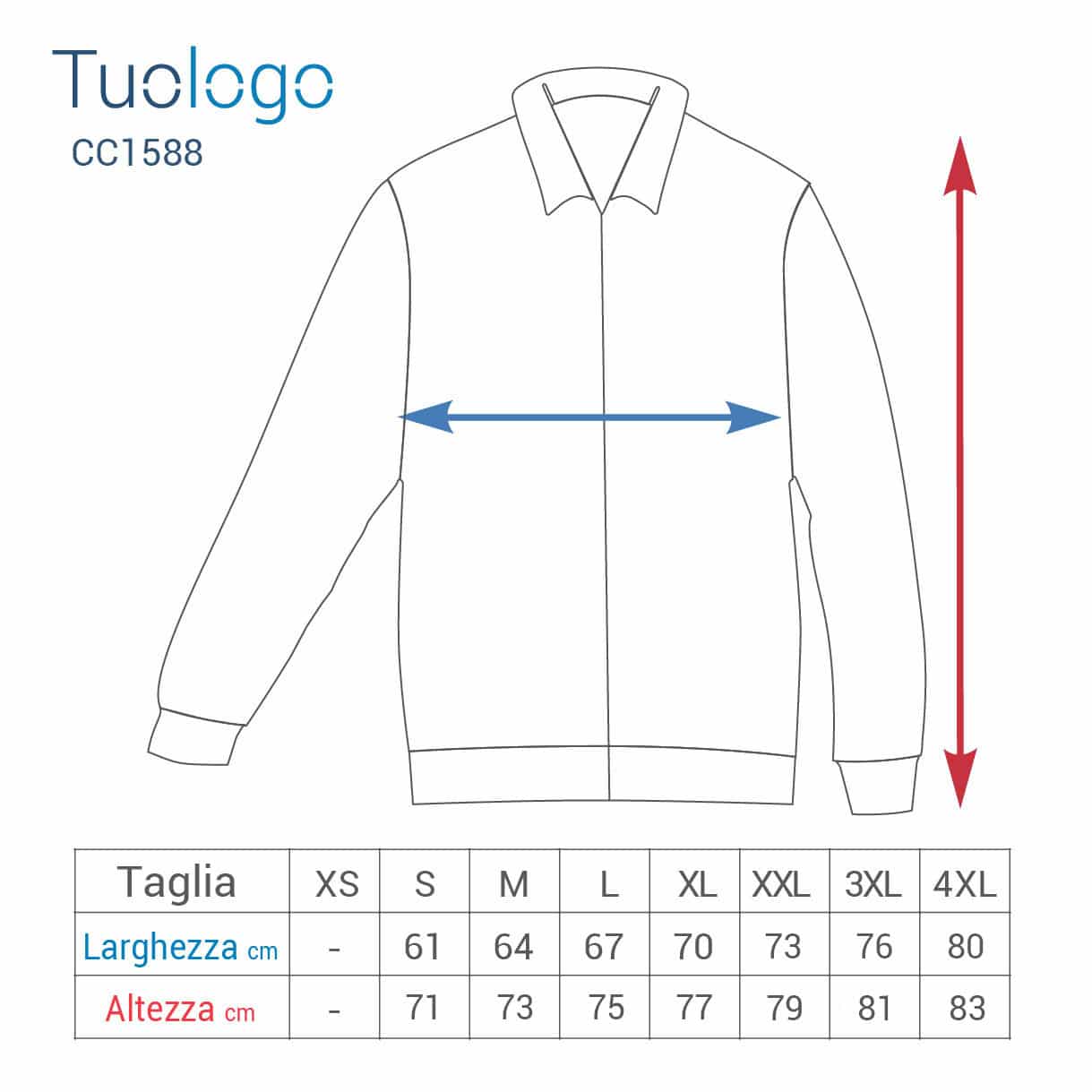 Tabella con misure larghezza e lunghezza delle diverse taglie dell