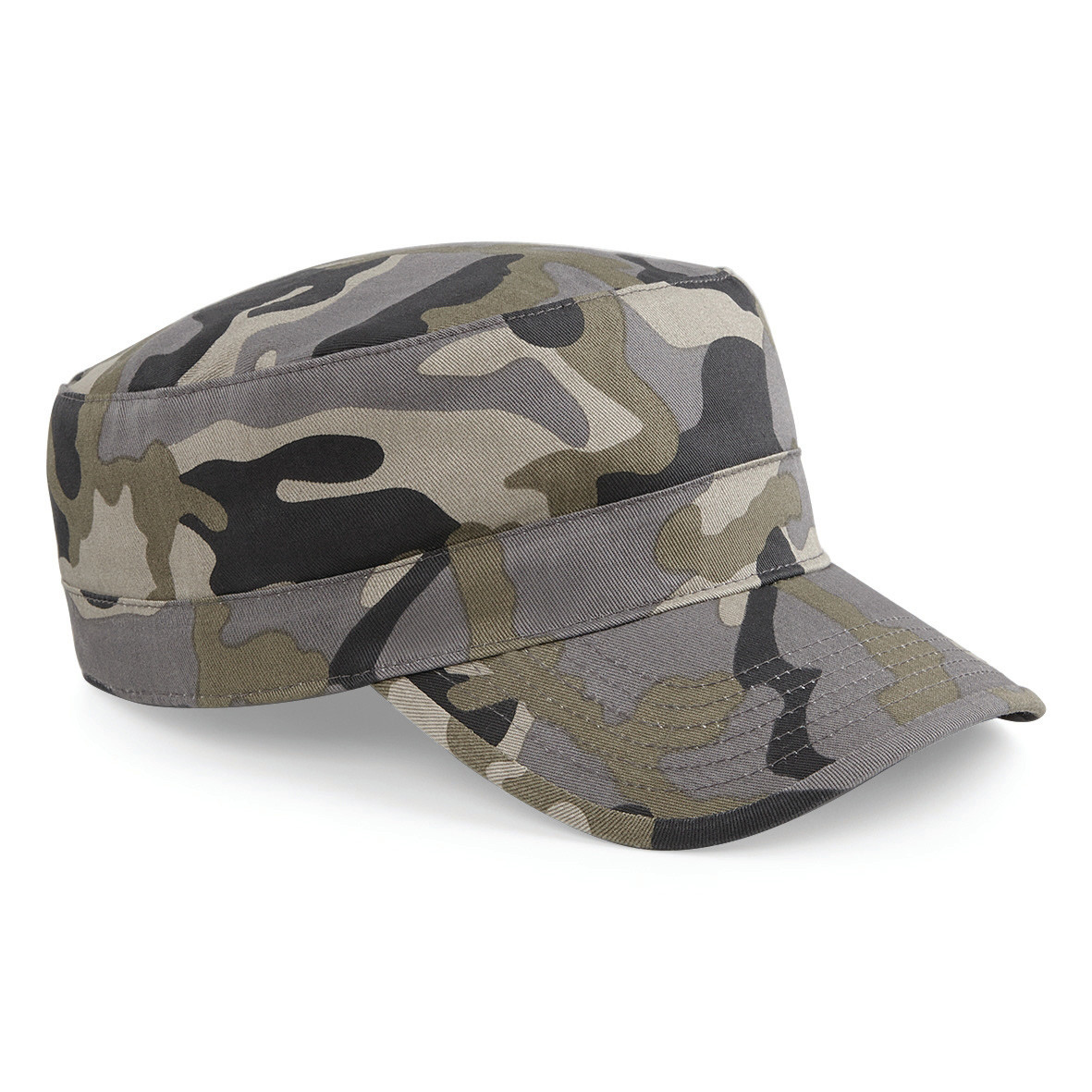 Cappellino con chiusura con velcro e visiera di colore camouflage tinte verde grigio e nero