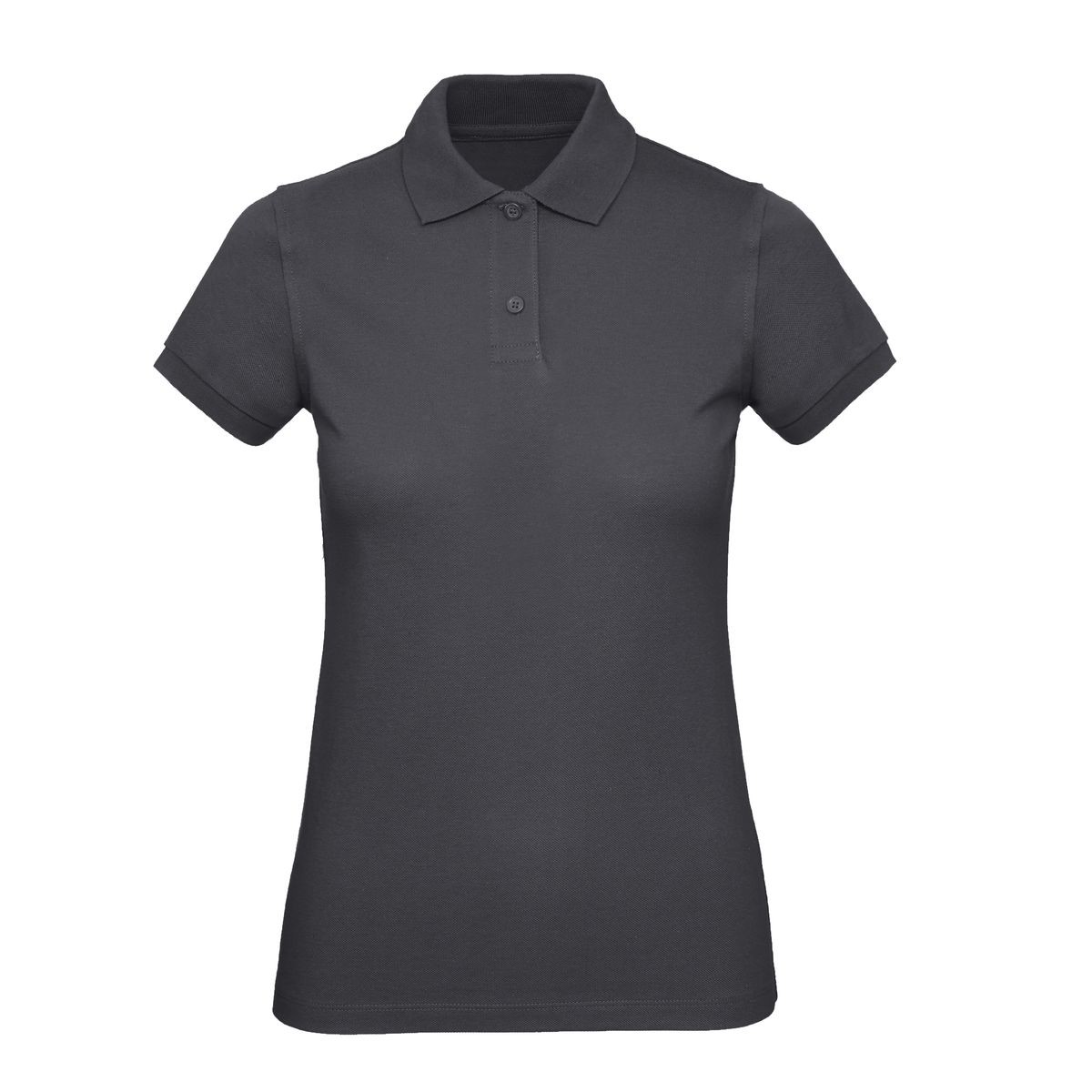 Polo donna grigio scuro manica corta con 2 bottoni su sfondo bianco
