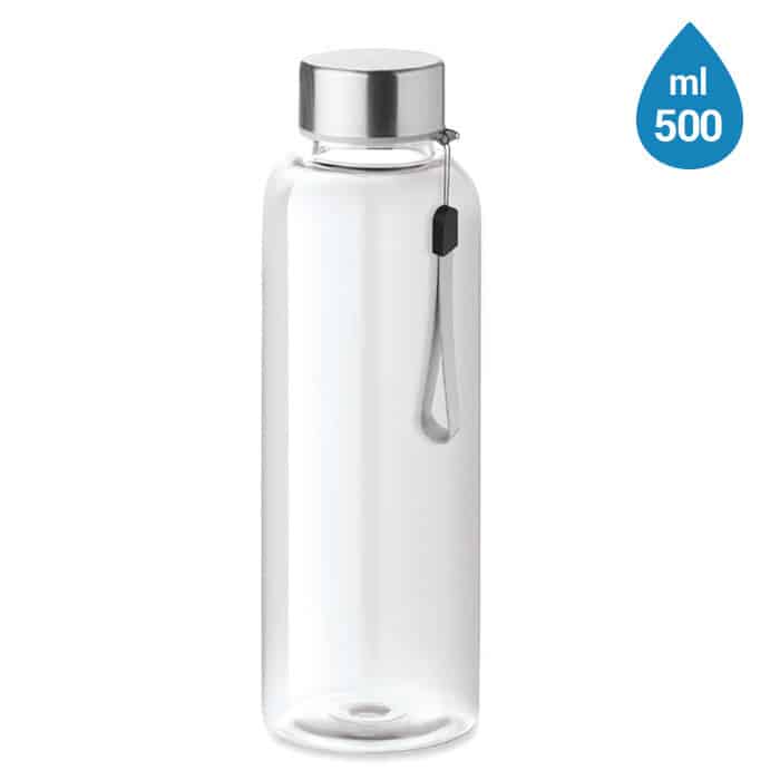 Bottiglia in rpet con tappo in ss e laccetto grigio