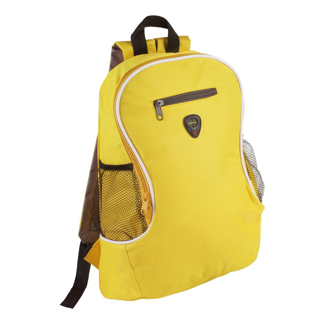 Zaino in poliestere giallo con spallacci regolabili, tasche laterali e foro per auricolari