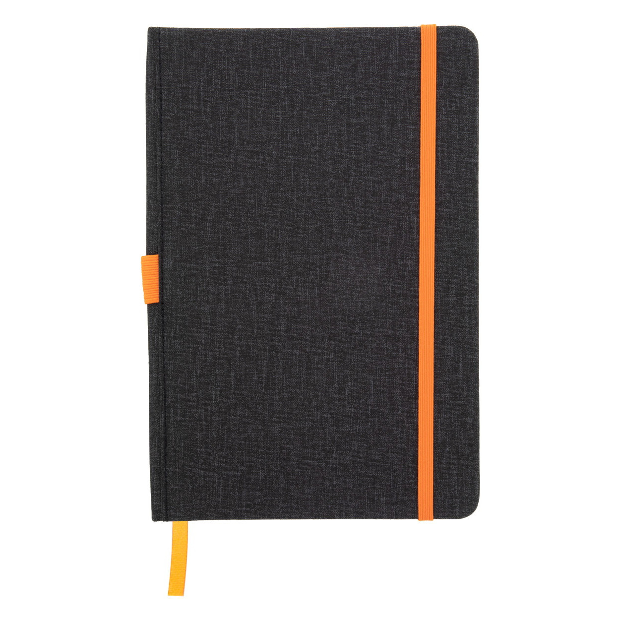 Bloc notes con copertina in similpelle nera con elastico, portapenne e segnalibro arancione