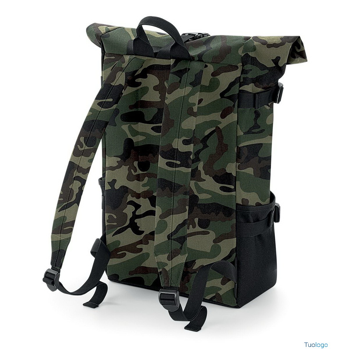 Retro borsa porta computer camouflage con tasche laterali su sfondo bianco