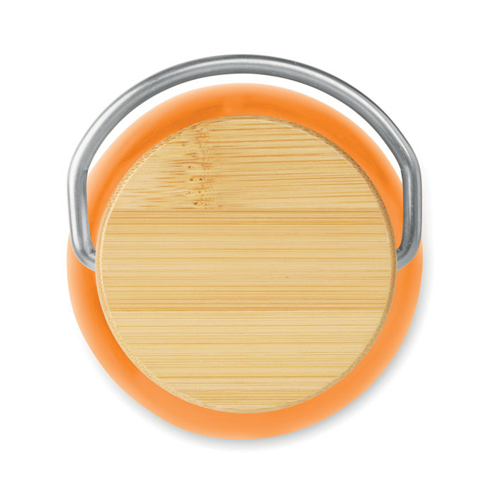 Borraccia in tritan arancione con tappo in acciaio inox e dettagli in bamboo