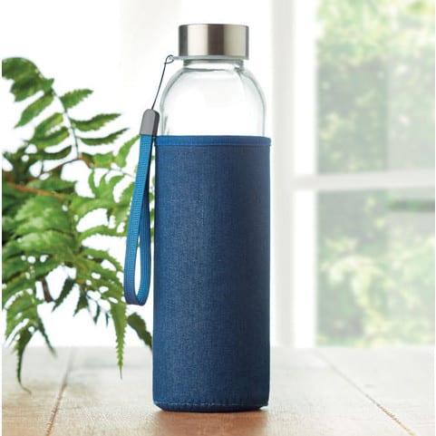 Borraccia in vetro con pouch in neoprene blu