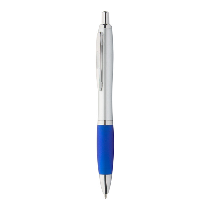 Penna a sfera con corpo in plastica grigia e impugnatura in gomma blu