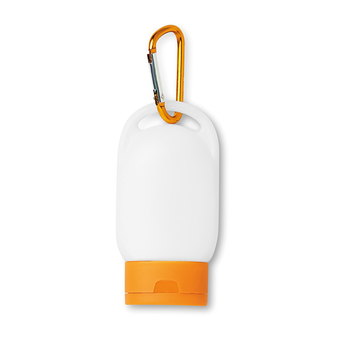 Crema solare bianca e arancione con moschettone arancione