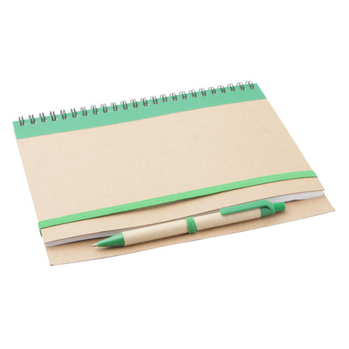 Blocnotes verde in cartoncino riciclato con penna