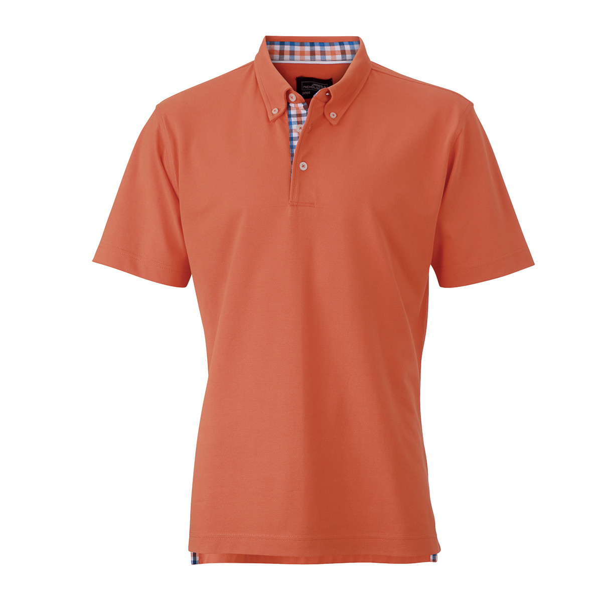 Polo arancio unisex manica corta con fettuccia nel collo e spacchetti a quadretti blu arancio bianco
