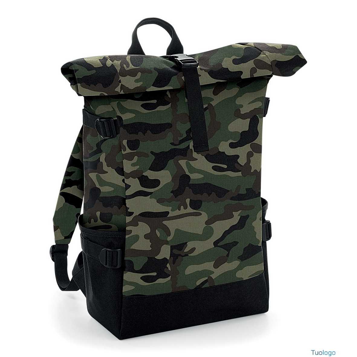 Borsa zaino porta computer camouflage con tasche laterali su sfondo bianco
