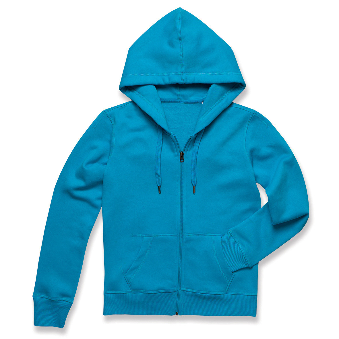 Felpa da donna azzurra in cotone con cappuccio, zip e due tasche a marsupio