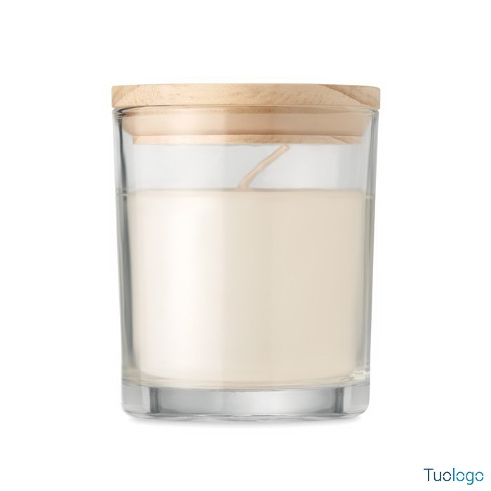 Candela profumata dentro vasetto di vetro con tappo in bamboo chiuso