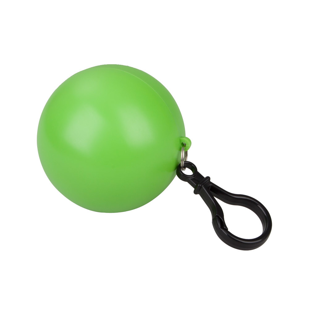 Impermeabile con portachiavi e moschettone ripiegato in pallina di plastica verde