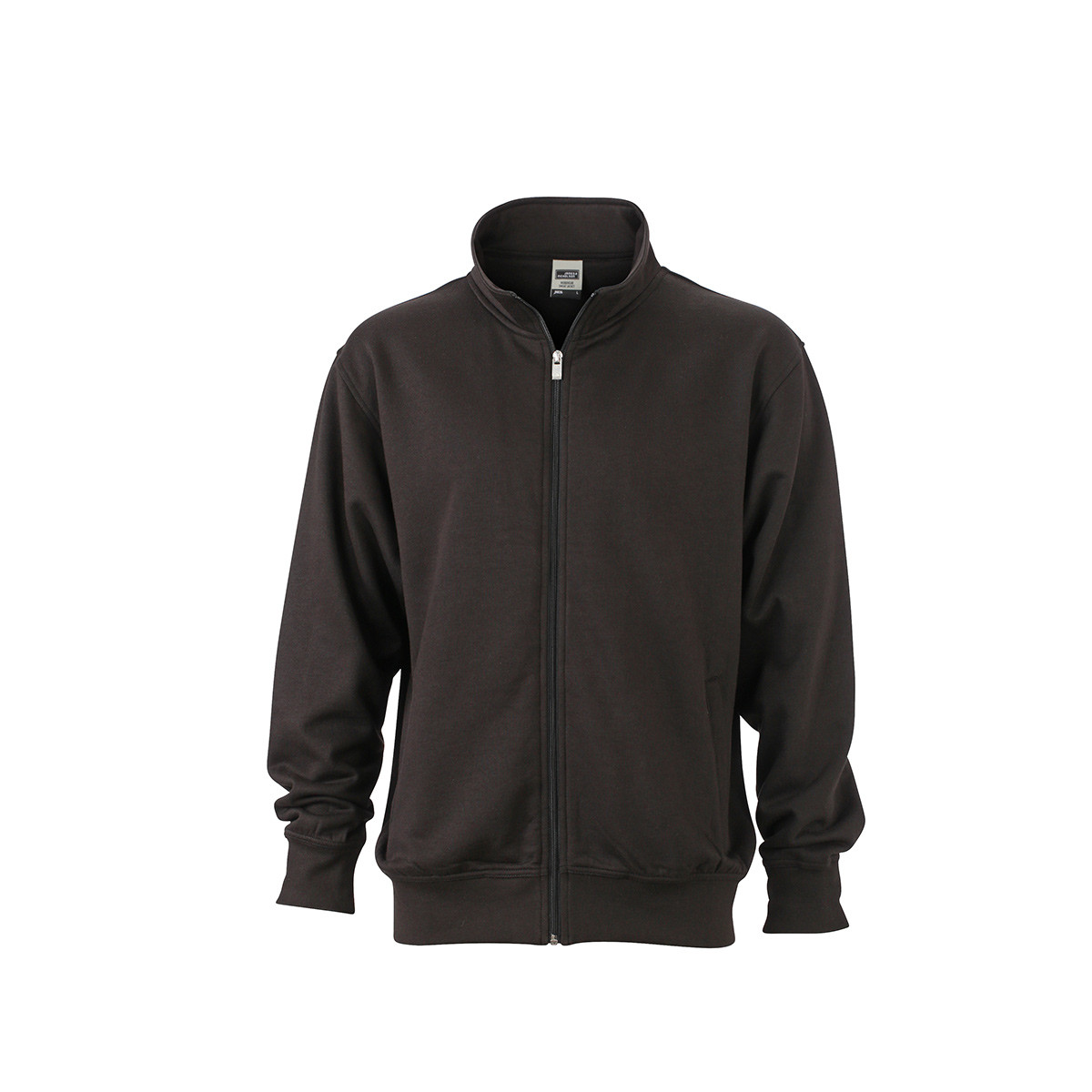 Felpa unisex nera collo alto con girovita e polsini in costina elastica su sfondo bianco
