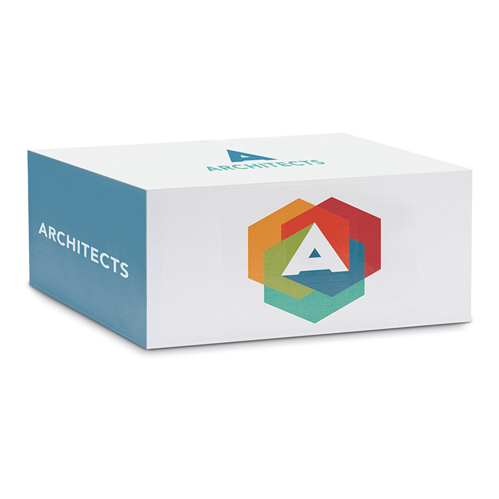 Blocco notes a forma di parallelepipedo con logo