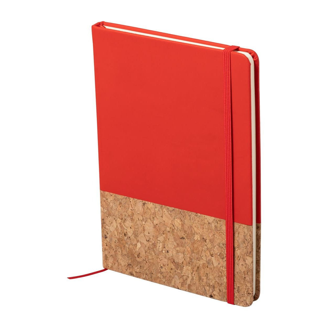 Bloc notes con copertina in pelle rossa con elastico in tinta e parte inferiore rivestita in sughero