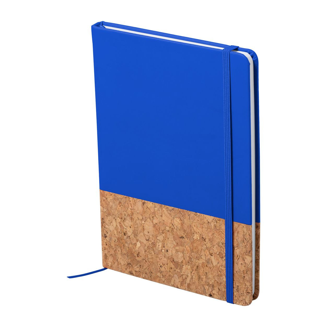Bloc notes con copertina in pelle blu con elastico in tinta e parte inferiore rivestita in sughero