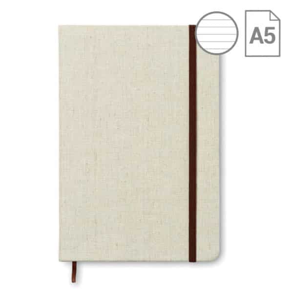 Bloc notes con copertina in canvas, elastico a chiusura e novantasei fogli a righe