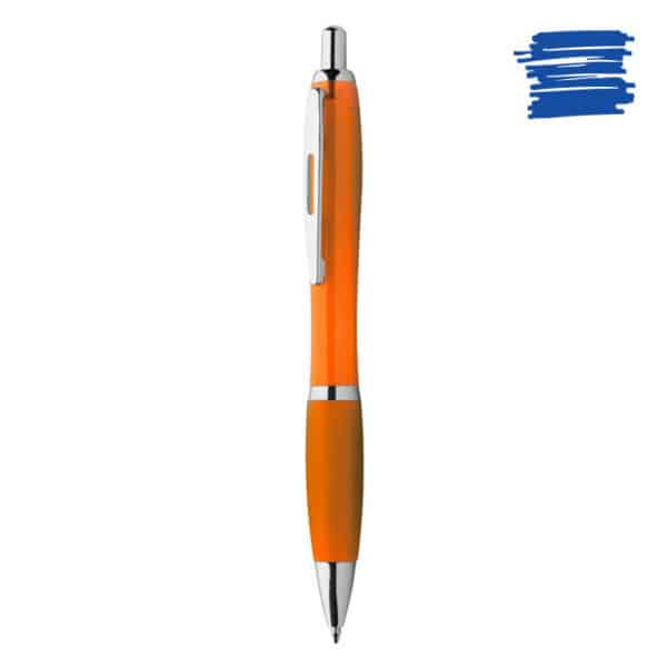 Penna a sfera con fusto in plastica arancione, grip in gomma e rifiniture in metallo