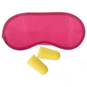 Maschera per gli occhi rosa e tappi per le orecchie gialli