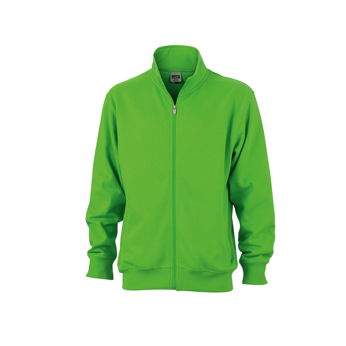 Felpa unisex verde collo alto con girovita e polsini in costina elastica su sfondo bianco