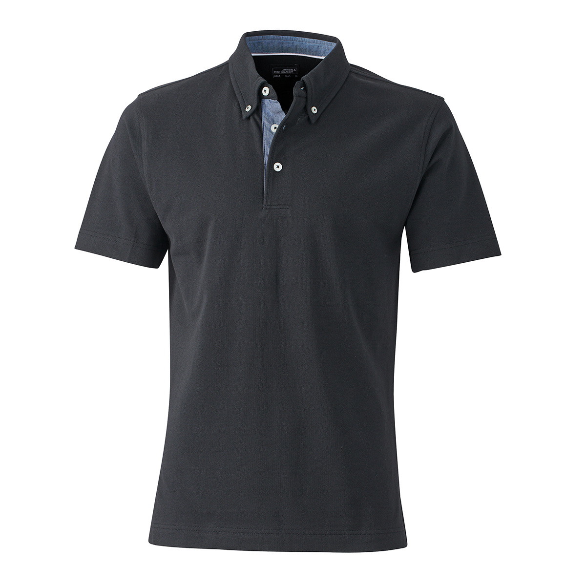 Polo nera unisex manica corta con fettuccia nel collo e spacchetti contrasto denim