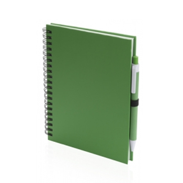 Blocnotes verde con copertina in cartone, spirale e penna