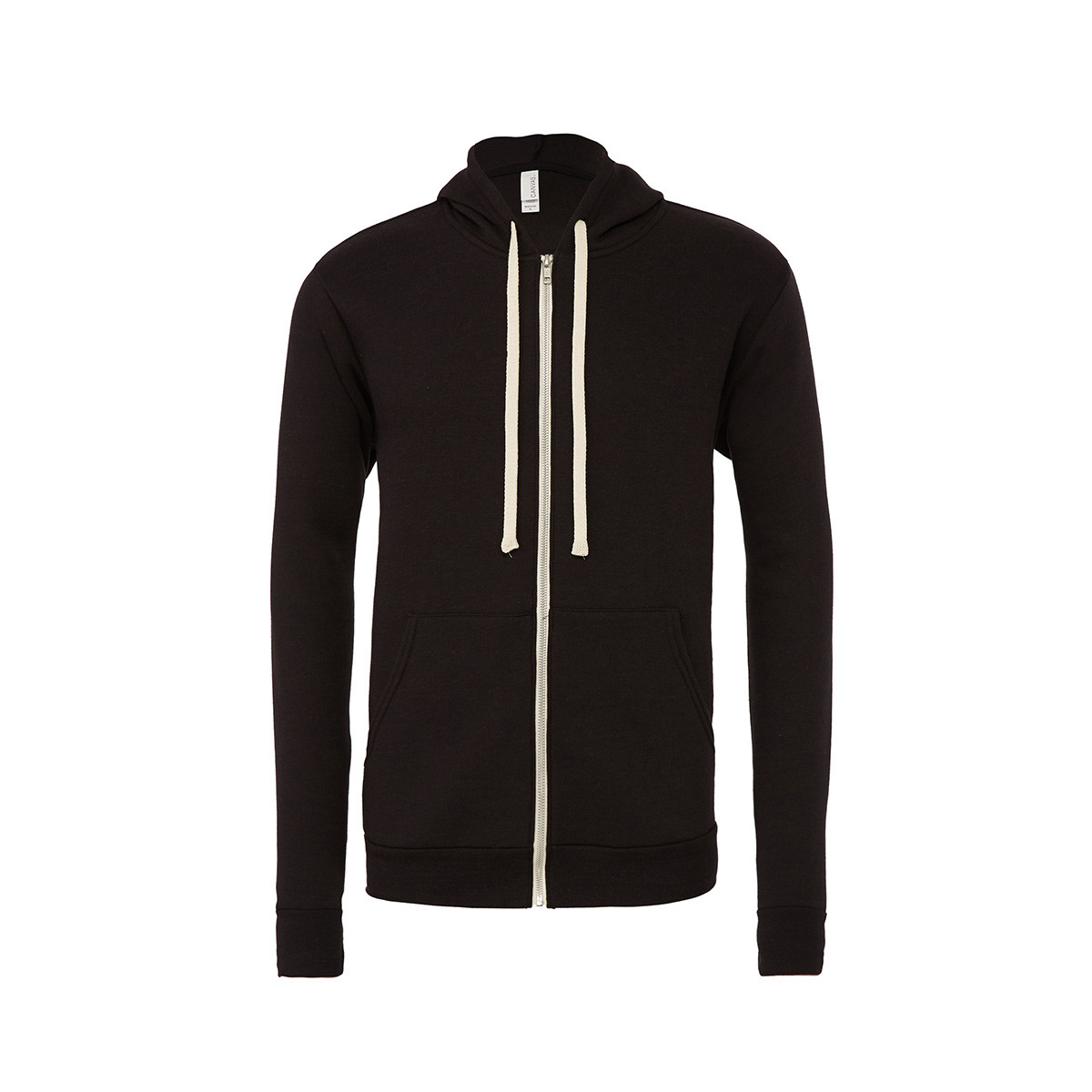Felpa nera in poliestere con cappuccio, zip e cordini