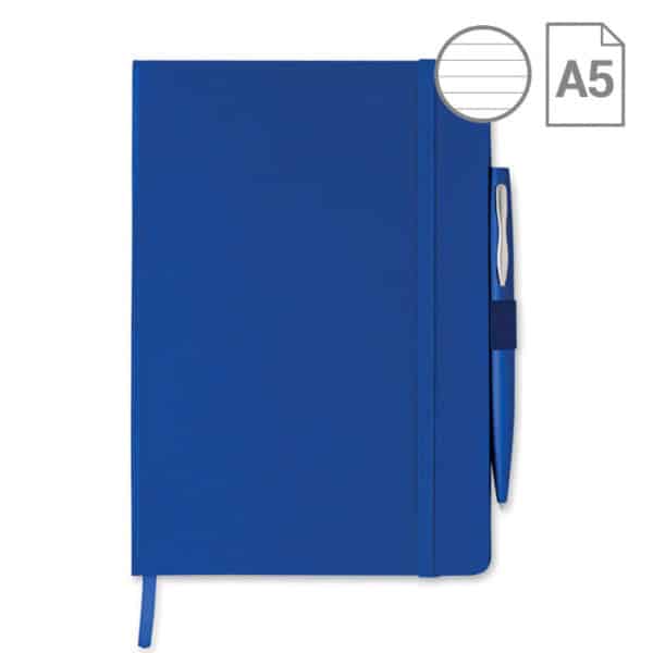 Bloc notes blu con penna, copertina rigida e elastico con settantadue fogli a righe