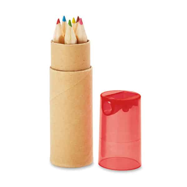 Sei matite colorate con temperino rosso in confezione cilindrica di cartone