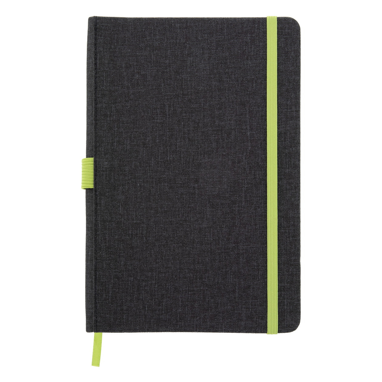 Bloc notes con copertina in similpelle nera con elastico, portapenne e segnalibro verde