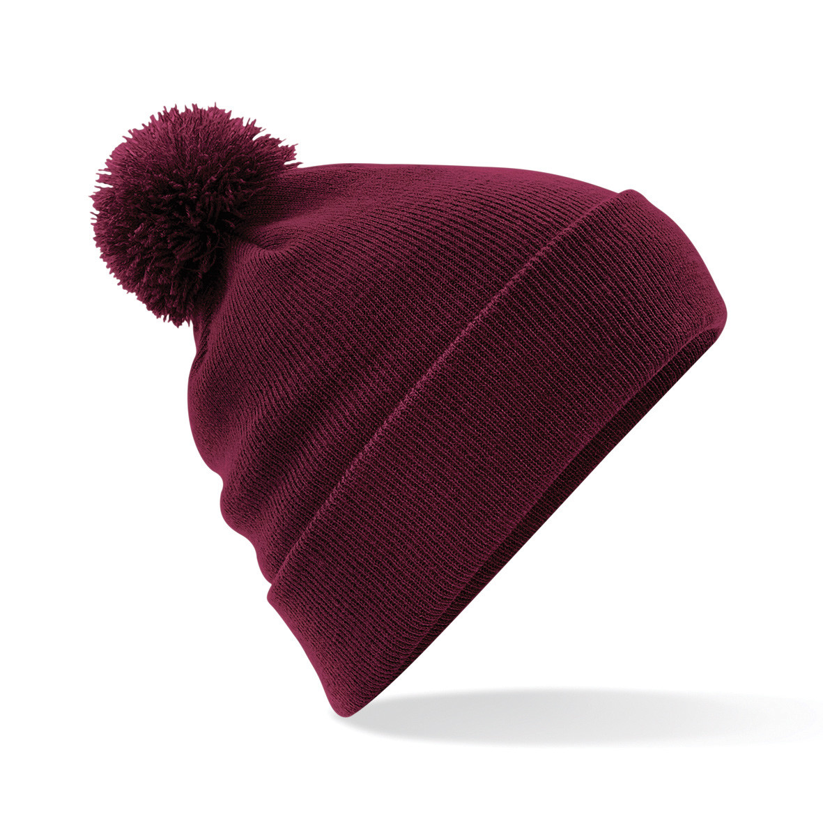 Berretto unisex bordeaux a maglia a costine con pon pon e risvolto