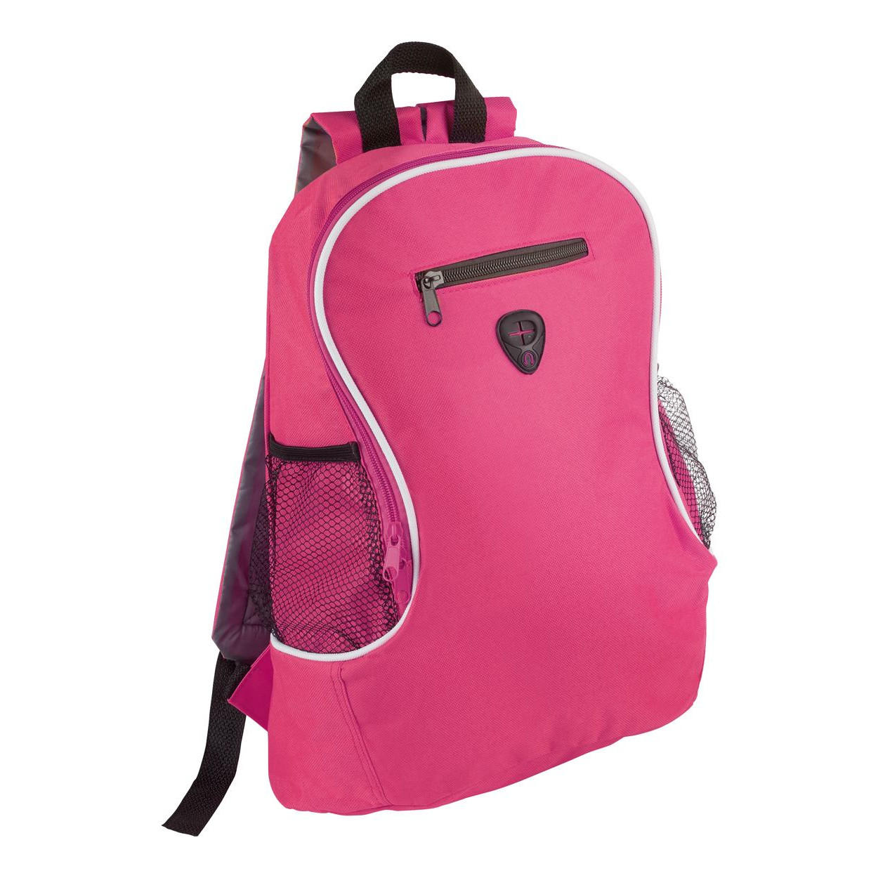 Zaino in poliestere rosa con spallacci regolabili, tasche laterali e foro per auricolari