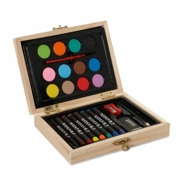 Mini set da pittura in confezione di legno contenente otto pastelli, dodici acquerelli, un pennello, un temperino, una gomma e una matita