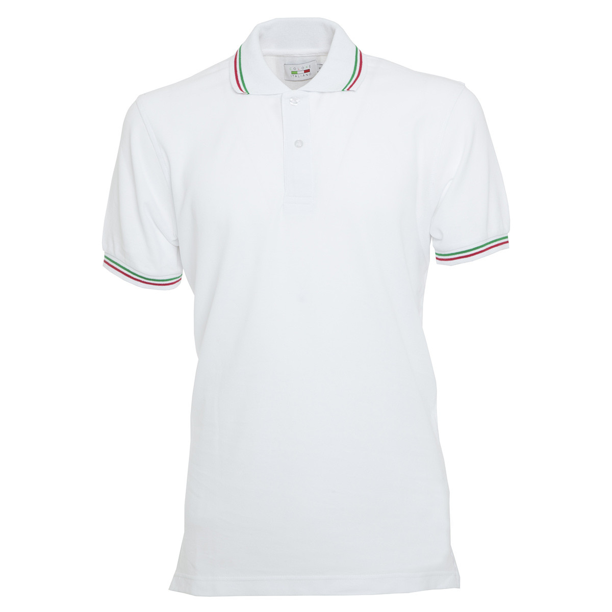 Polo unisex bianca manica corta con bordatura tricolore Italia su collo e maniche