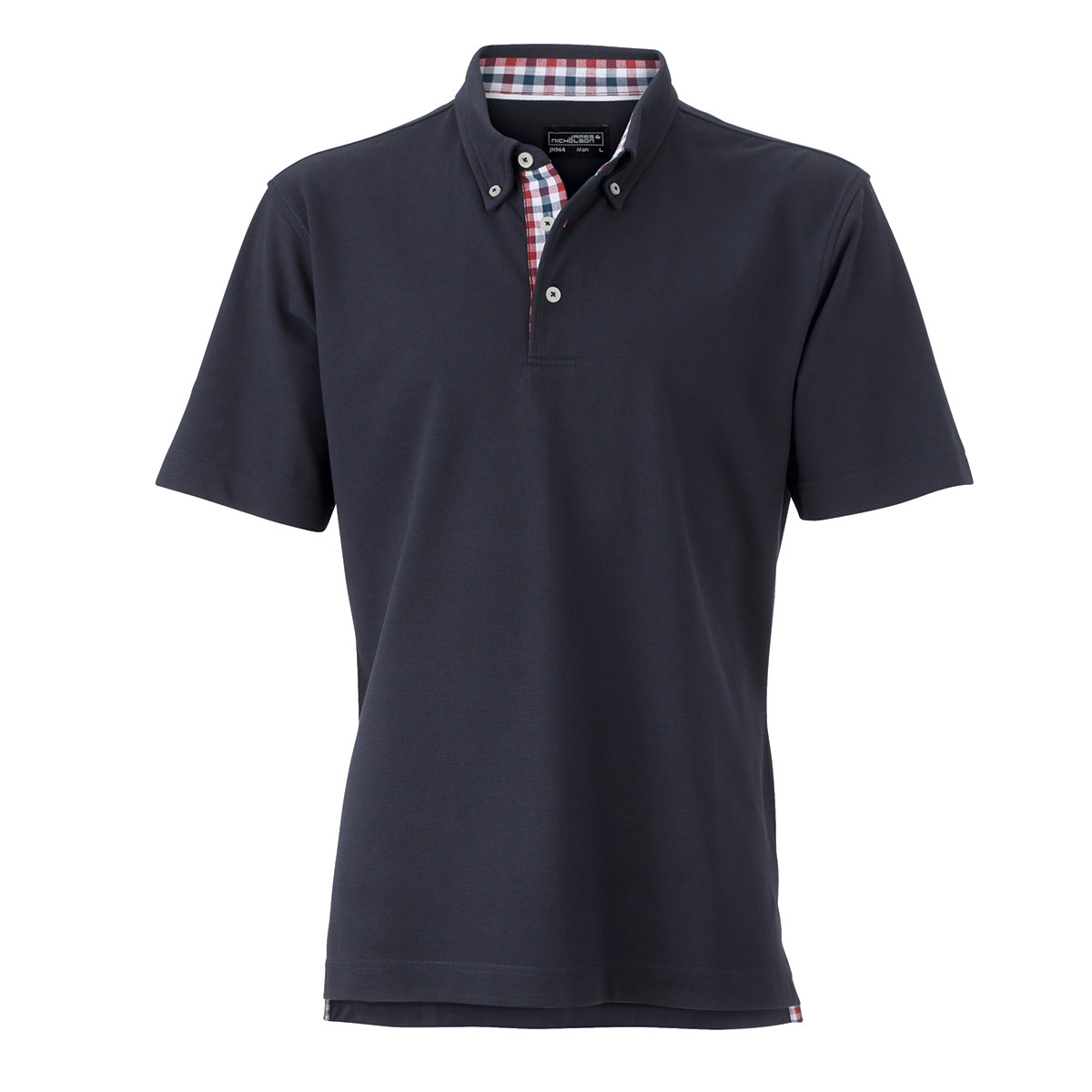 Polo blu unisex manica corta con fettuccia nel collo e spacchetti a quadretti bianco rosso blu