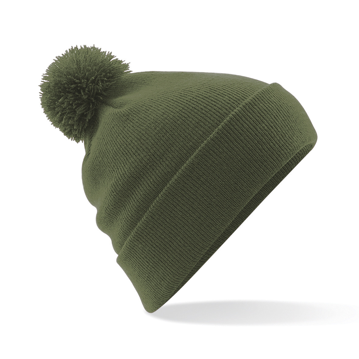 Berretto unisex verde muschio a maglia a costine con pon pon e risvolto