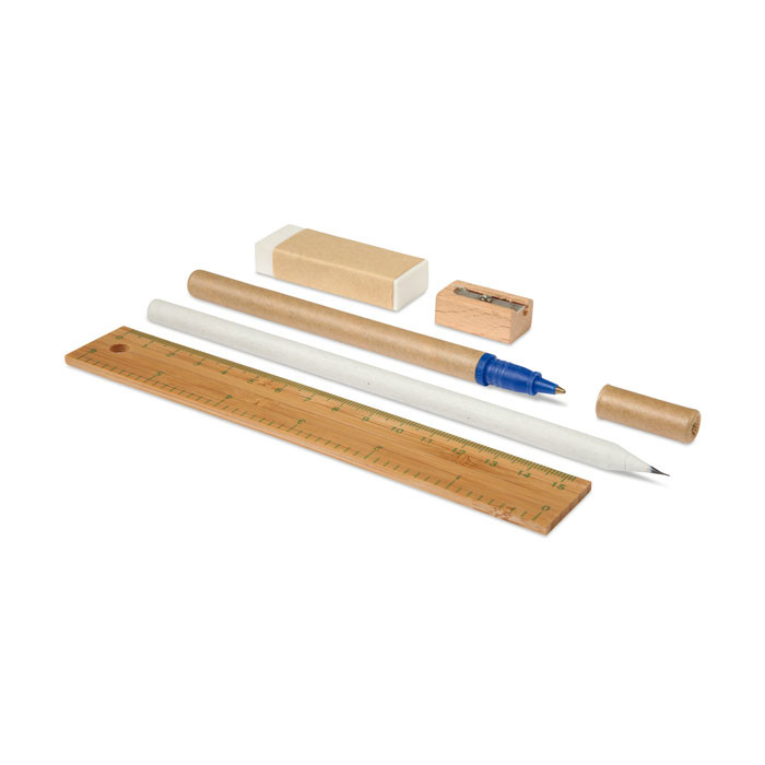 Set da scrittura con penna a sfera in cartone, matita, temperino, gomma e riga di bamboo