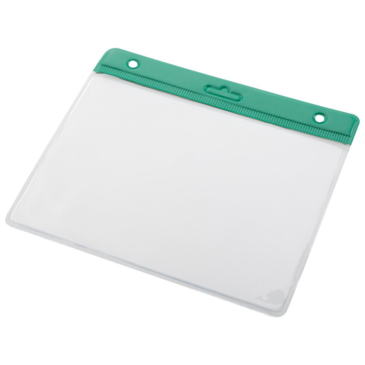 Portabadge orizzontale in plastica trasparente con striscia verde