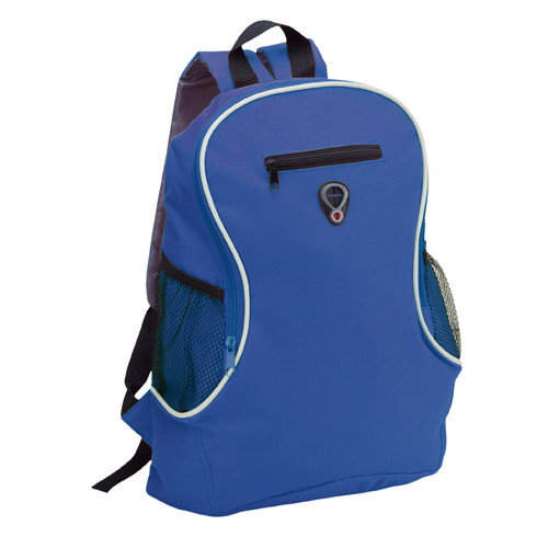 Zaino in poliestere blu con spallacci regolabili, tasche laterali e foro per auricolari