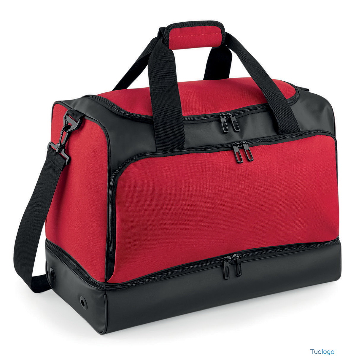 Borsone sportivo rosso e nero con tracolla su sfondo bianco