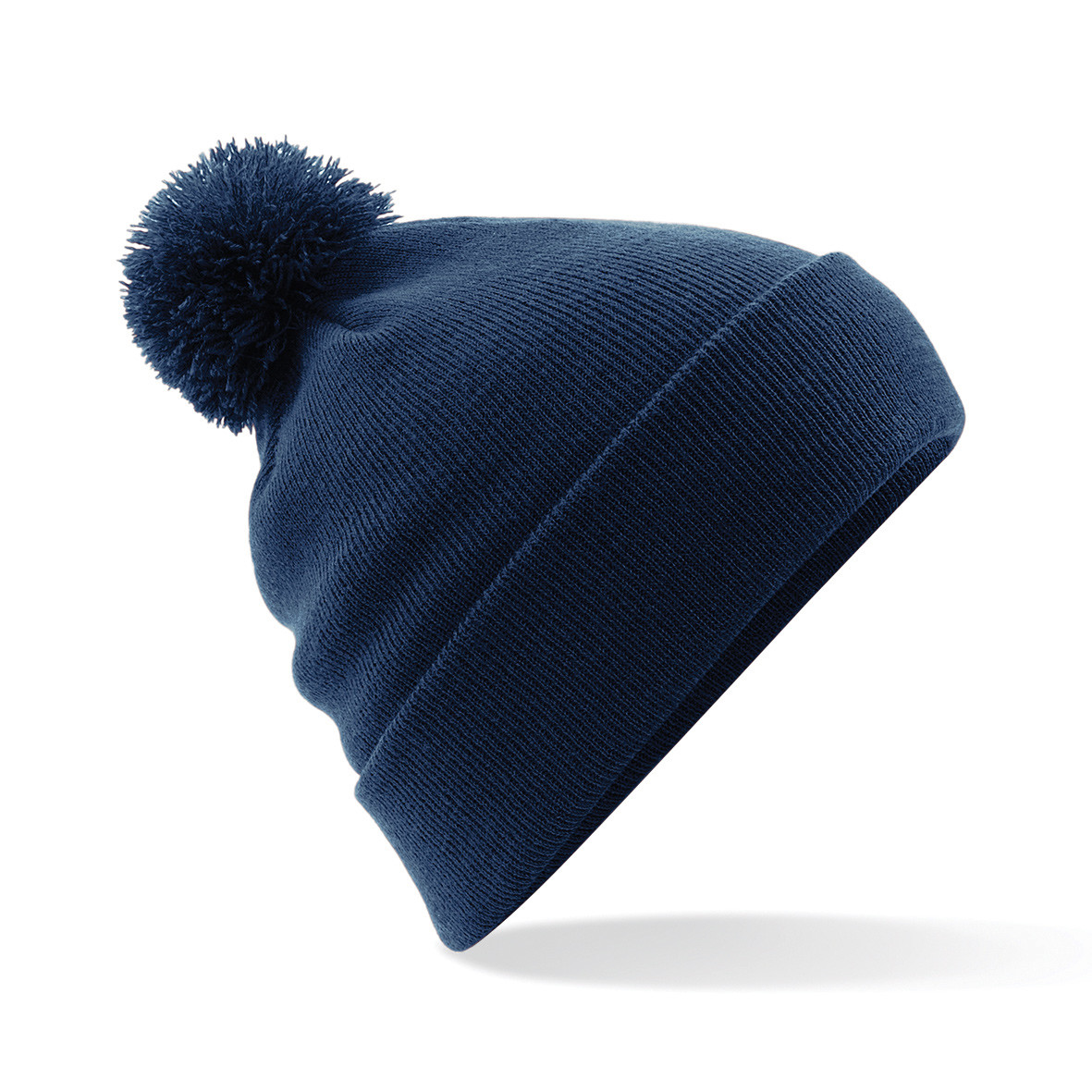 Berretto unisex blu french navy a maglia a costine con pon pon e risvolto