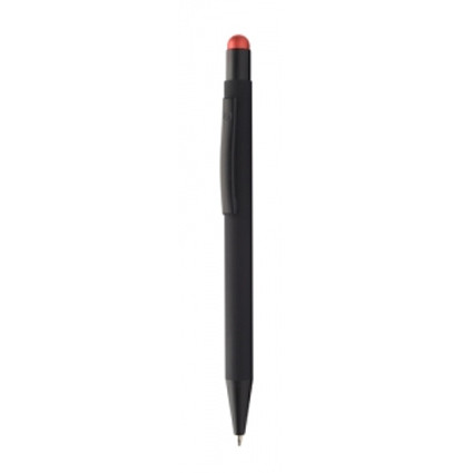Penna a sfera in alluminio nero con rifinitura gommata e puntatore touch rosso