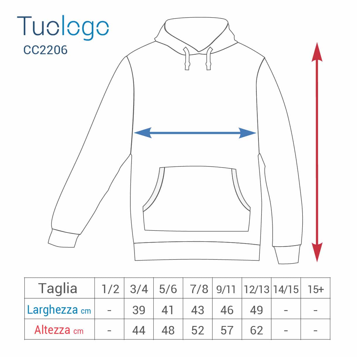 Tabella lunghezza e larghezza taglie della felpa bambino con cappuccio e tasconi