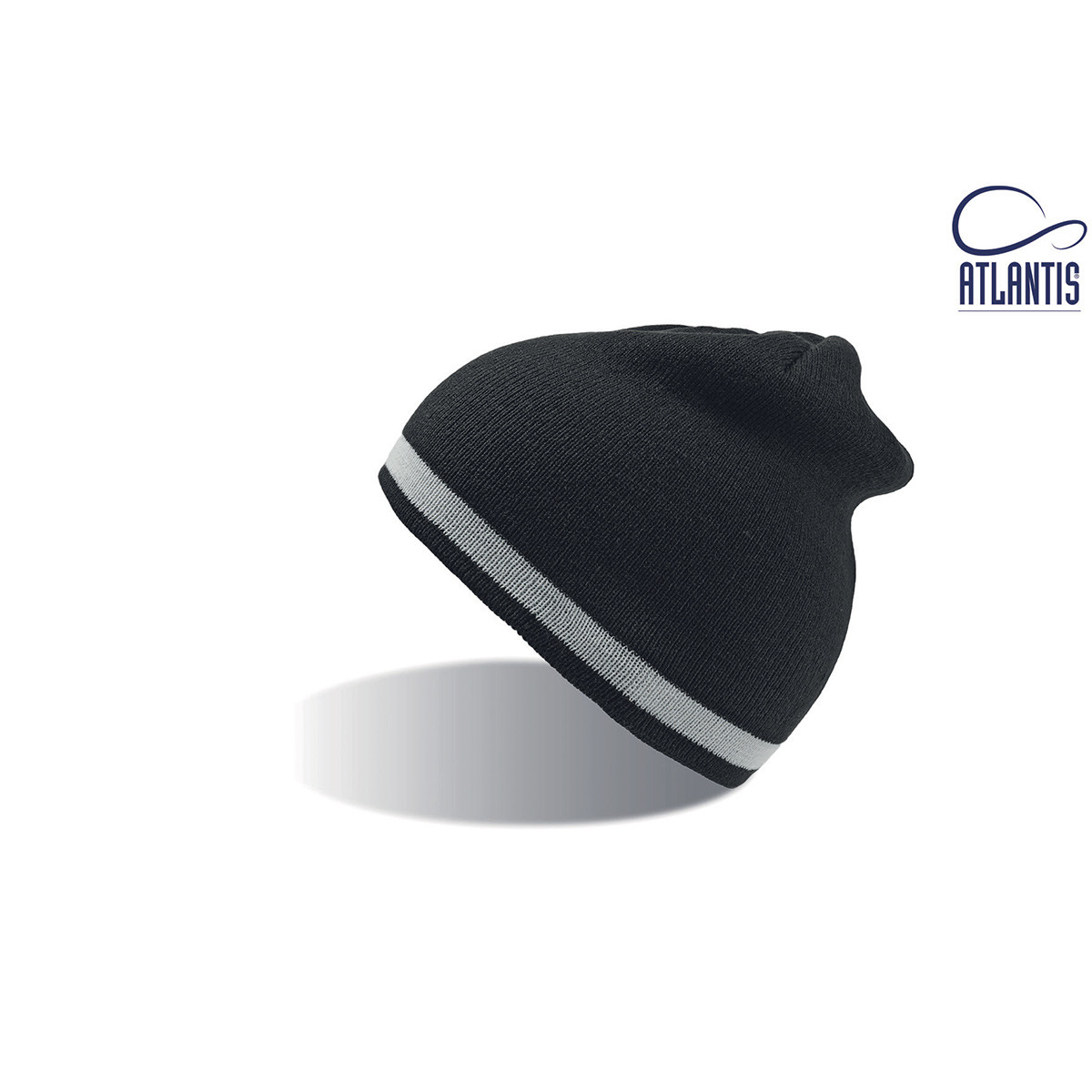 Berretto a maglia nero senza risvolto con fascia contrasto grigia su sfondo bianco