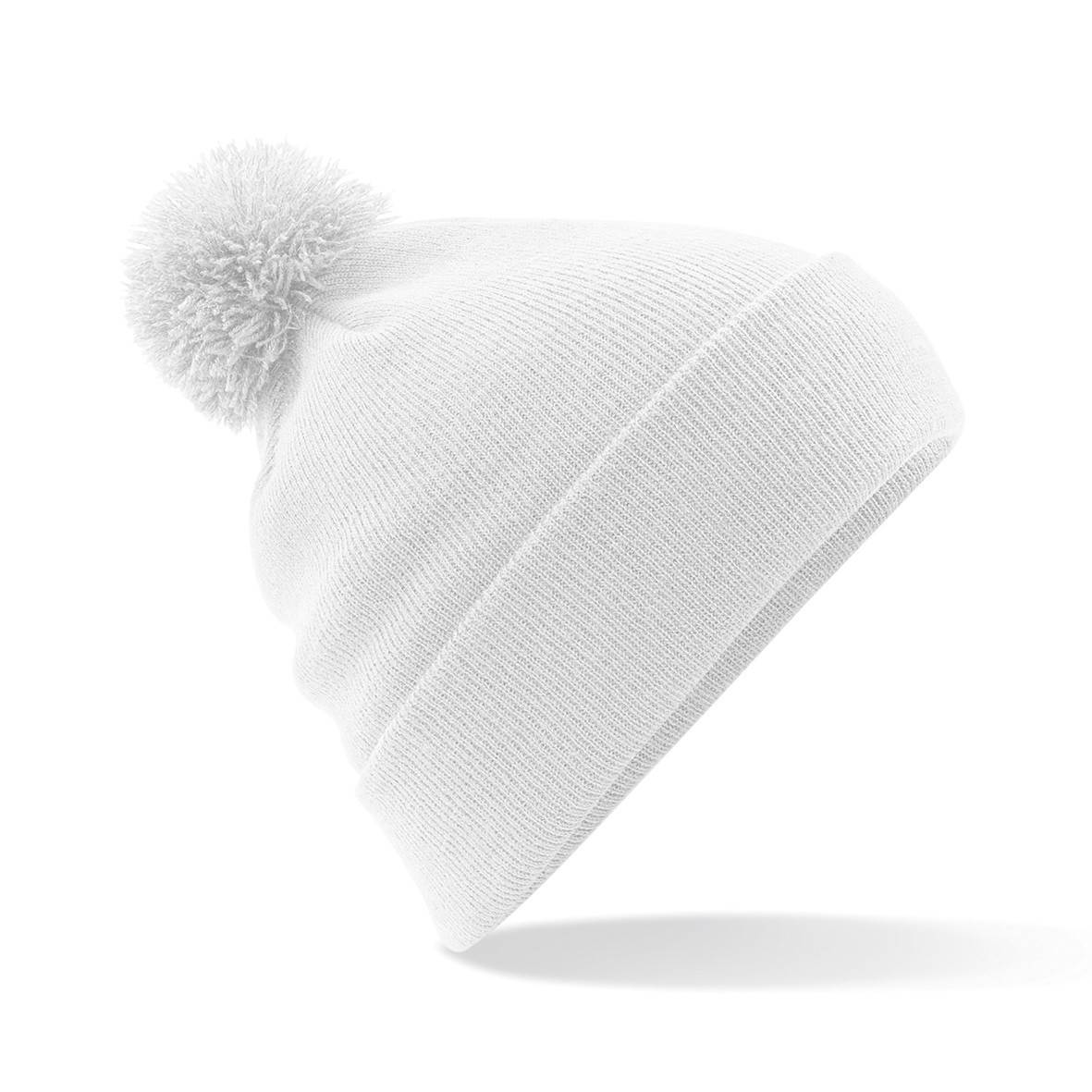 Berretto unisex bianco a maglia a costine con pon pon e risvolto