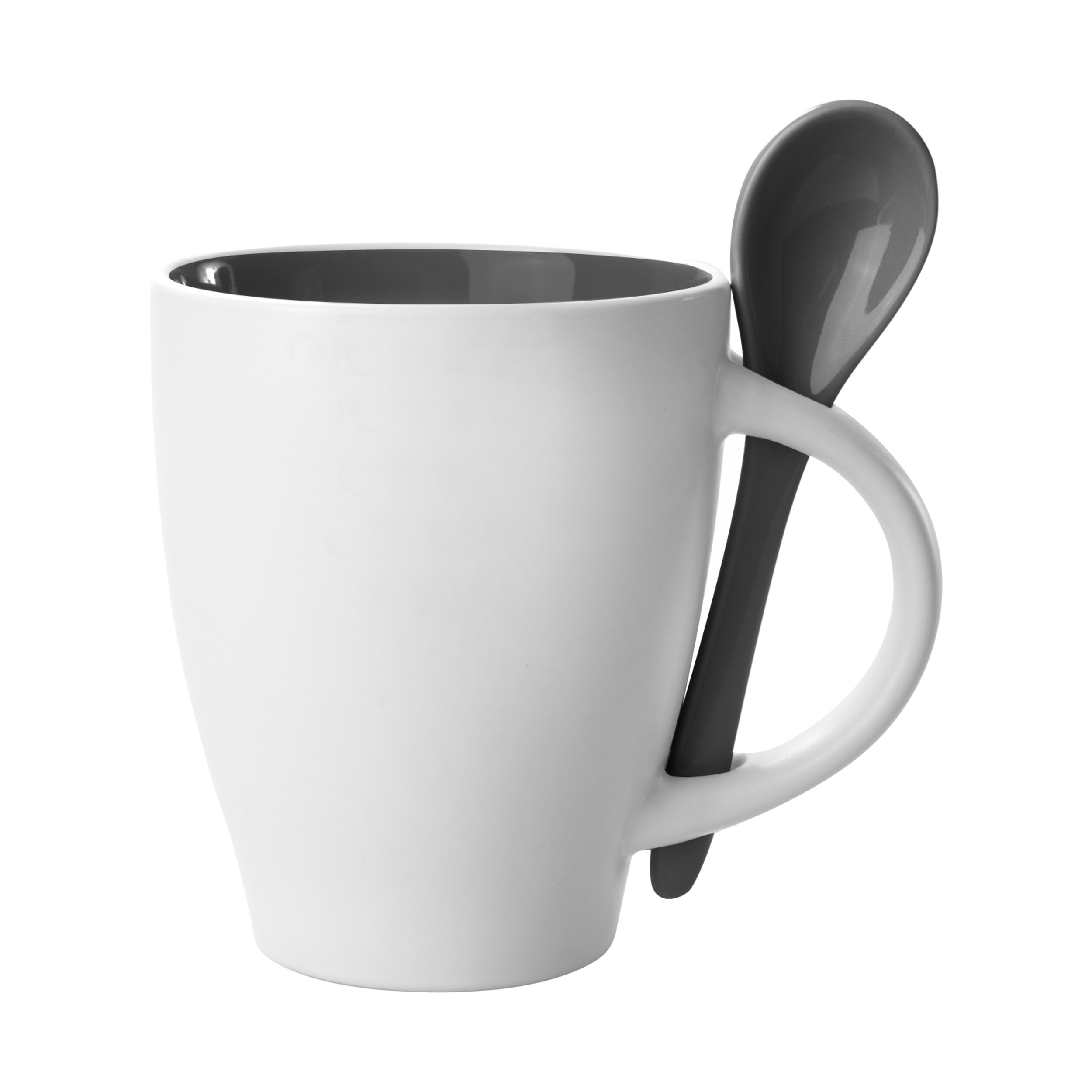Tazza bianca con interno e cucchiaio nero