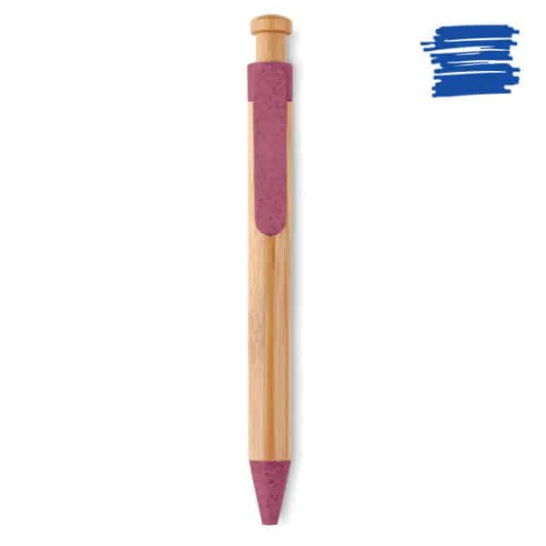 Penna a sfera rosa in bamboo con meccanismo a scatto e dettagli in paglia di grano