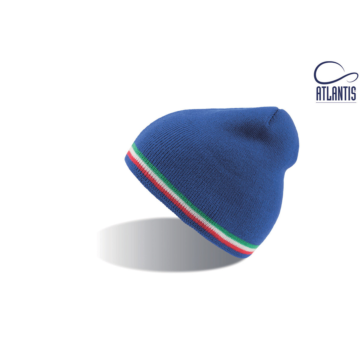 Berretto a maglia blu royal senza risvolto con fascia tricolore su sfondo bianco
