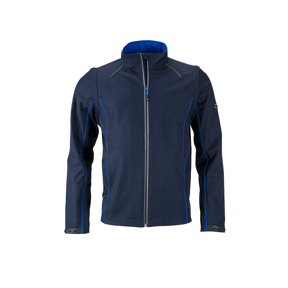 Giacca blu scura interno blu traspirante con dettagli riflettenti su spalle e maniche 100% poliestere